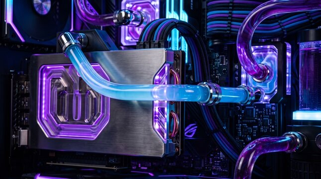 High-end custom PC internal hardware with glowing purple and blue RGB lighting. Advanced technology background.