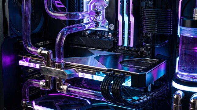 High-end custom PC internal hardware with glowing purple and blue RGB lighting. Advanced technology background.