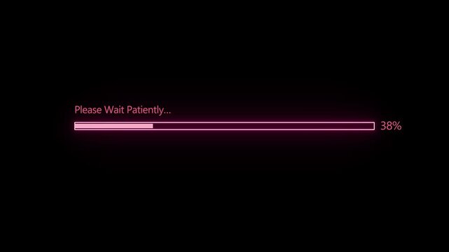 Neon pink loading progress bar animation on black background with please wait patiently text and percentage
