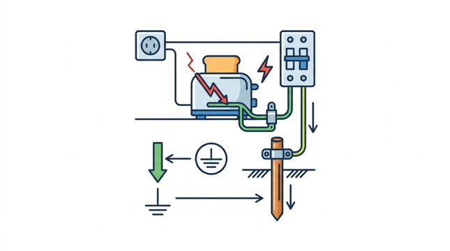 Electrical circuit diagram showing a faulty toaster and grounding system.