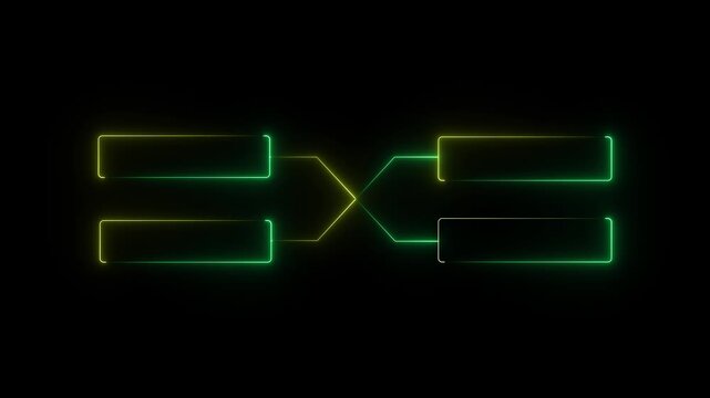 glowing neon outline championship single elimination tournament bracket or tree diagram isolated on neon . Fields for 4 players or teams, black background