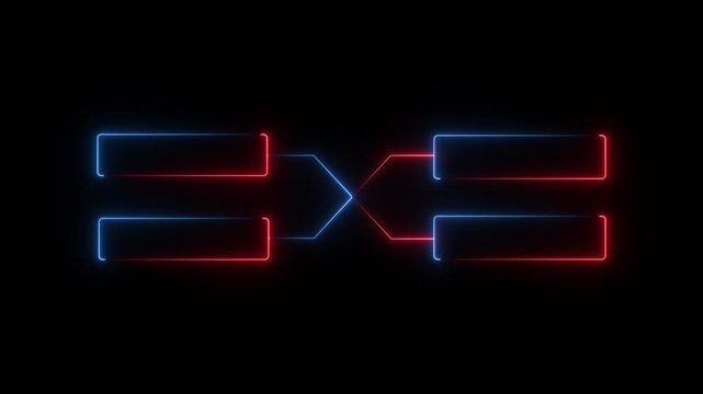glowing neon outline championship single elimination tournament bracket or tree diagram isolated on neon . Fields for 4 players or teams, black background