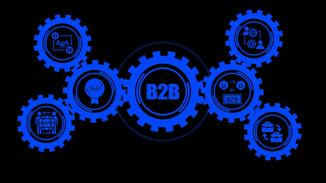 A glowing blue b2 b business concept featuring a central gear surrounded by smaller interconnected gears with various representing business-to-business commerce and networking