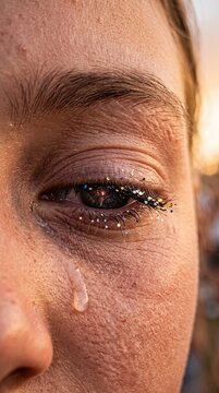 Closeup of tearful eye on Bastille Day france national day celebration crowd