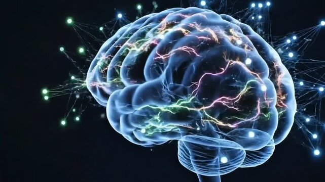 Glowing Neural Brain Mapping Scan, Futuristic Blue Hologram Brain Network, AI Neuroscience Technology Animation