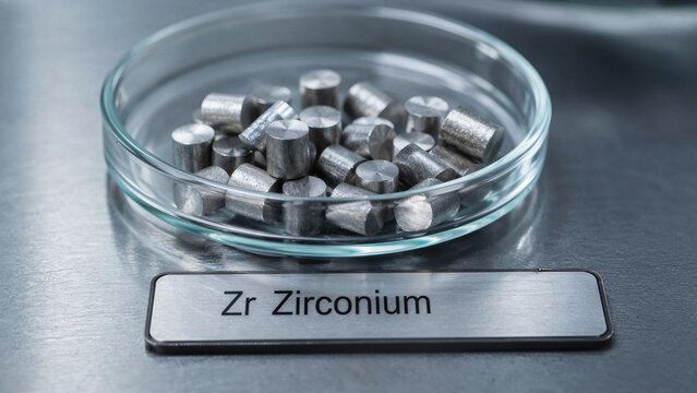 Rough pieces of zirconium arranged in a glass dish labeled with the element's name in a laboratory setting