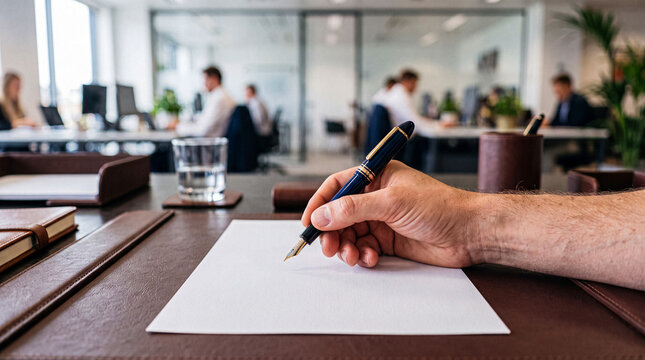 Male hand with a sophisticated fountain pen, poised to write on a pristine blank page in a modern corporate office.