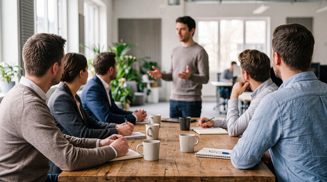 Male speaker leading an engaging business presentation or team meeting in a bright, contemporary office environment.
