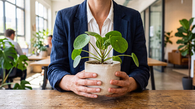 Business person holding a potted Pilea peperomioides plant, symbolizing sustainability and eco-friendly office.