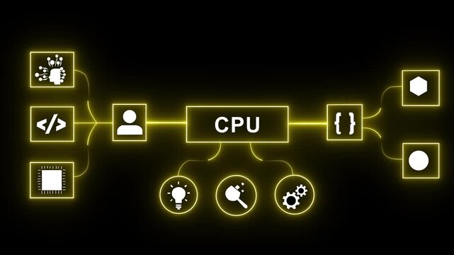 AI agents concept on the black background. Connected artificial intelligence icons and data flow, autonomous workflow, multi agent system. 4k video