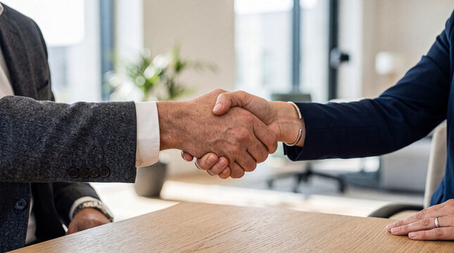 Close-up of a professional business handshake between a man and a woman across a wooden conference table.