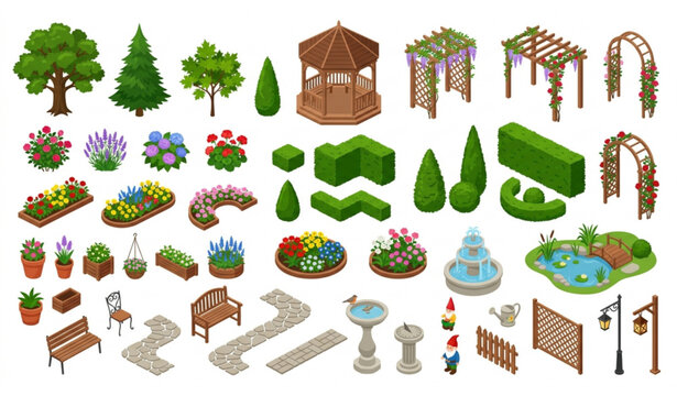 Isometric Decorative Garden Elements Vector Pack with Trees Flowers and Landscape Features