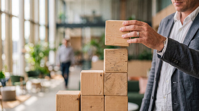Male hand precisely stacking natural wooden blocks, symbolizing business growth and strategic development in a bright.