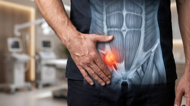 Man Suffering From Inguinal Hernia With Lower Abdominal Anatomy Overlay