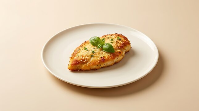 A single golden brown chicken romano fillet served on a clean white plate garnished with fresh green basil leaves against a minimalist light beige background