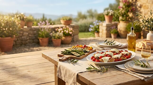 A delicious rustic mediterranean outdoor meal featuring chicken romano with melted cheese, fresh grilled asparagus, and summer vegetables in Italy