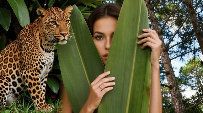Woman peers through rich green leaves next to a spotted leopard in a forest. Nature harmony and wild beauty create a mysterious, exotic jungle connection.