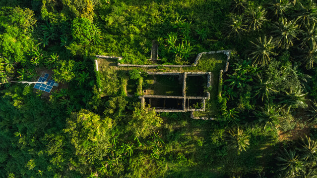 Aerial view of the historic ruins of Fort Batenstein surrounded by lush tropical vegetation, palm trees, and dense forest in Butre, Western Region, Ghana.