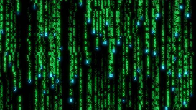 Intricate digital pattern in vibrant shades of green and blue with illuminated symbols on a black background, ideal for educational technology and modern graphic design