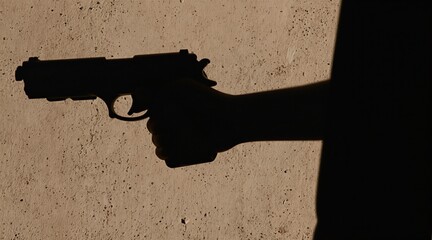 Fototapeta premium Shadow of hand holding pistol on textured wall. Dramatic light casts dark silhouette of weapon and arm against rough surface. Concept of crime threat danger.