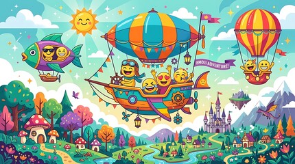 Fototapeta premium Smiling emojis fly colorful hot air balloons and airships over fantasy landscape