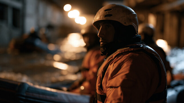 Ethiopian search and rescue volunteer team conducts a night training drill in a flooded industrial zone, waterproof flashlights sweeping through dark water, rescue boat