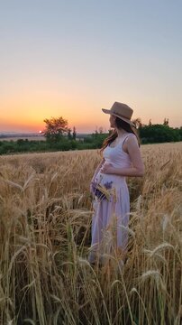A beautiful pregnant woman stands in a golden wheat field at sunset. Wearing a straw hat and a light pink sundress, she holds a lavender bouquet and cradles her baby bump, looking down peacefully