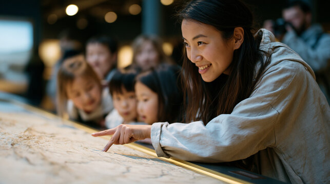 Mongolian museum volunteer guide leads a school group through a natural history exhibit during October half-term, gesturing toward a large topographic map installation as children
