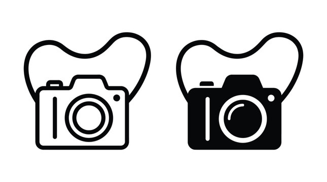 Camera line art and solid vector icons with shoulder straps for professional photography design photography equipment pictogram illustration snapshot photographer