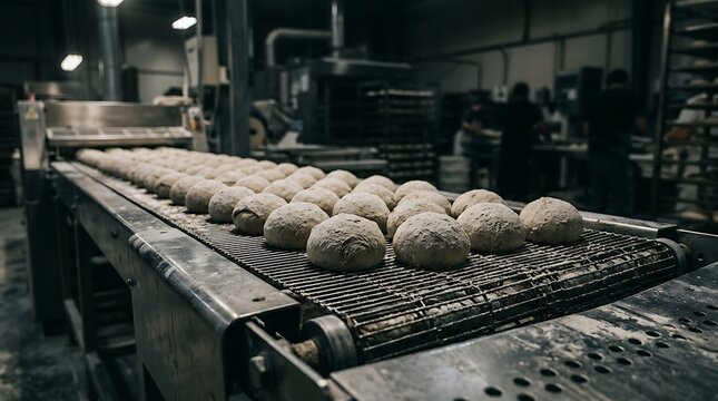 Industrial bakery production line with fresh dough rounds on a conveyor belt in a commercial manufacturing facility.