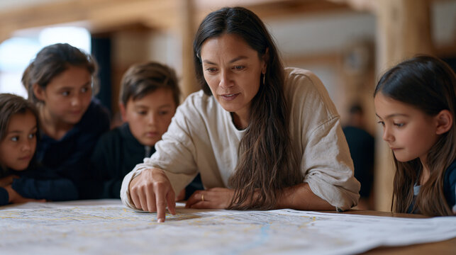 Maori refugee welcome service volunteer teaches a small group of newly arrived families basic transit navigation using a large printed city map spread across a community center