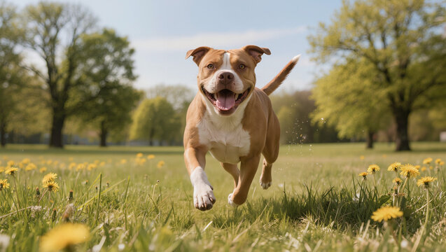 American Pit Bull Terrier running happily in a green grassy park on a sunny day