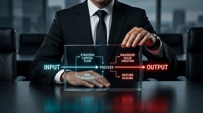 Businessman holding transparent glass block displaying input process and output flowchart for strategic value creation