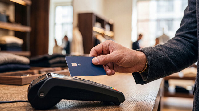 Close-up of a customer making a contactless payment with a blue credit card at a point of sale terminal.