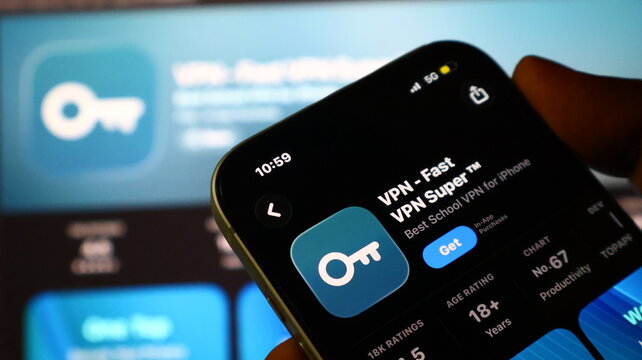 Vpn fast school vpn super on smartphone screen digital technology privacy concept.