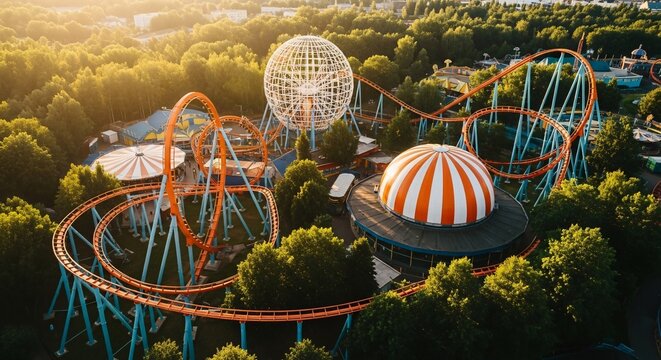 Exciting amusement park with colorful roller coasters giant sphere rides and vibrant attractions surrounded by lush green trees perfect for family fun and entertainment