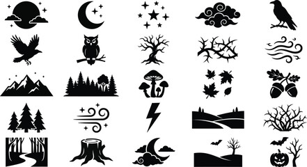 Obraz premium Nature Forest Icons Set for Night Landscape Halloween and Seasonal Outdoor Design