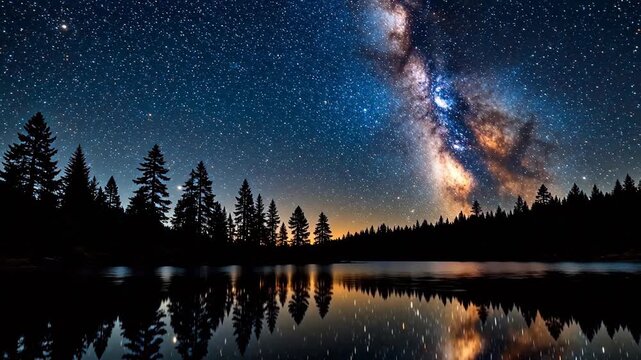 Night sky with stars and forest reflection