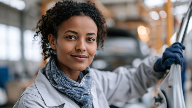 Ethiopian female automotive final inspection engineer checking door gap tolerances with digital gauge along assembly line, reshoring narrative, quality assurance in passenger