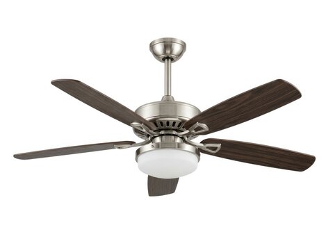 A modern ceiling fan with five wooden blades and a brushed nickel finish, illuminated by a frosted glass light fixture