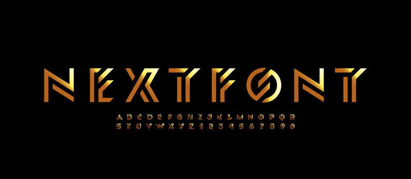 Logo font alphabet from segment gold lines, technology letters A, B, C, D, E, F, G, H, I, J, K, L, M, N, O, P, Q, R, S, T, U, V, W, X, Y, Z and numerals 0, 1, 2, 3, 4, 5, 6, 7, 8, 9, vector