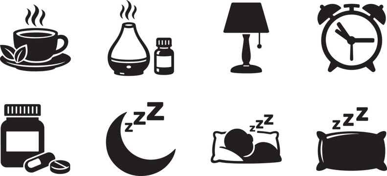 Sleep and relaxation icon collection with beds, pillows, aromatherapy and night symbols vector set.
