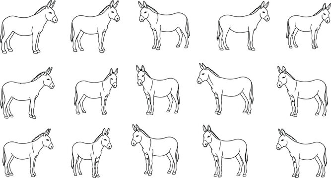Donkey Icon Set with Multiple Standing Poses in Simple Line Art Style for Farm Animal and Livestock Designs