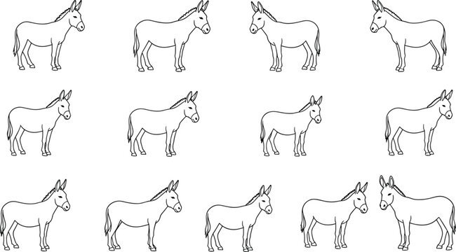 Donkey Icon Set with Multiple Standing Poses in Simple Line Art Style for Farm Animal and Livestock Vector Designs