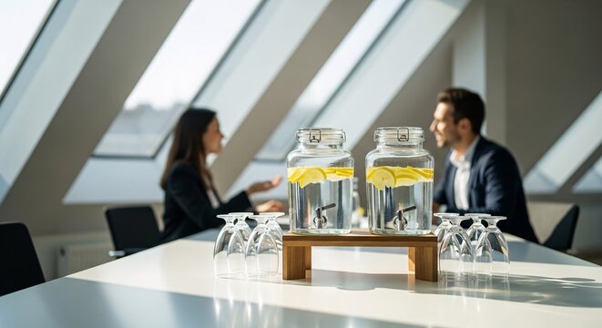 Business professionals having a meeting in a modern office with large windows and natural light for corporate teamwork collaboration and professional discussions