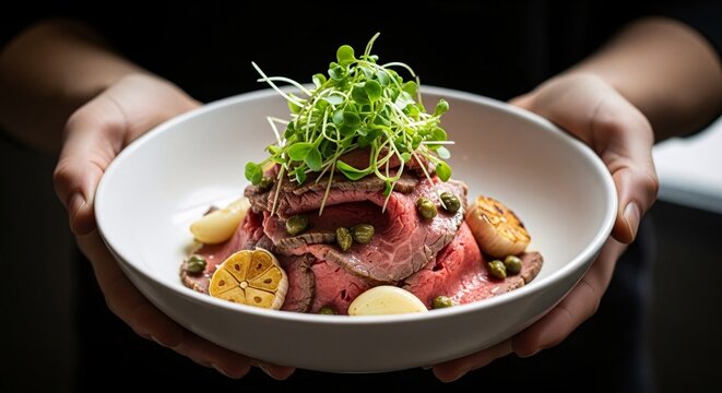 Gourmet Beef Tartare Dish Served in a White Bowl with Fresh Microgreens and Lemon Slices for Fine Dining Presentation