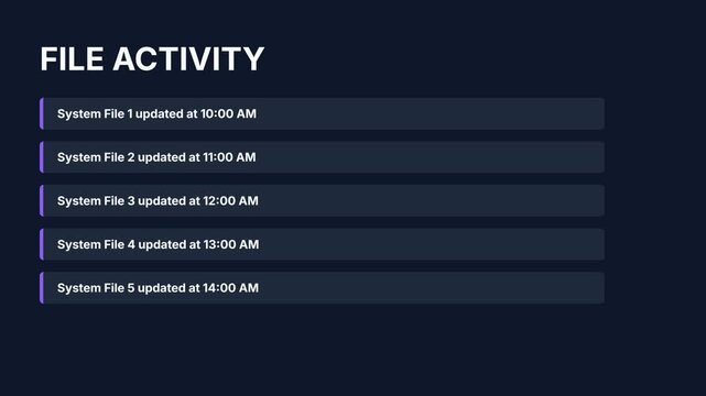 File activity log animation, system file updates with timestamps on dark background, seamless loop, symbolizing data tracking and system monitoring