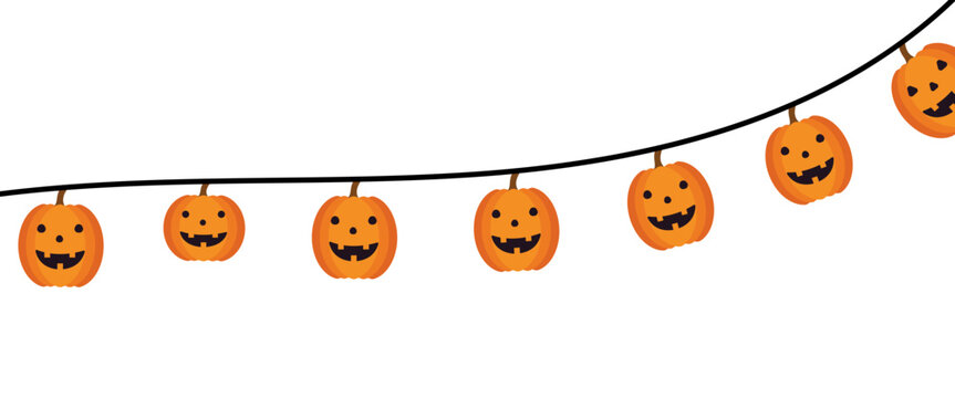Cute orange pumpkin lanterns hanging on a string for a fun Halloween party decoration banner