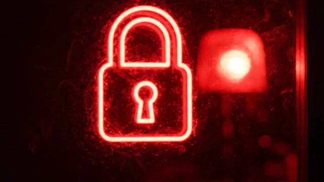Red neon padlock lock glowing symbol dark textured surface representing security protection with vibrant glowing red light effect for maximum safety