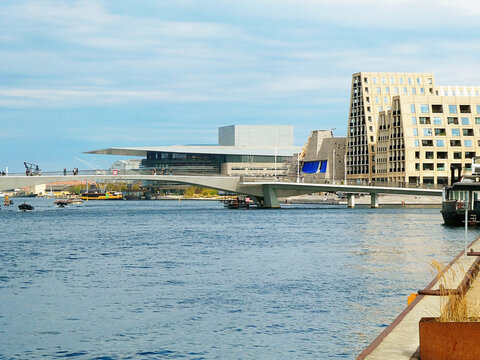 Copenhagen cityscape with the view of the Inderhavnsbroen  bridge across the Inner Harbour joining Nyhavn and Christianshavn. Faraway the profile of the Royal Opera